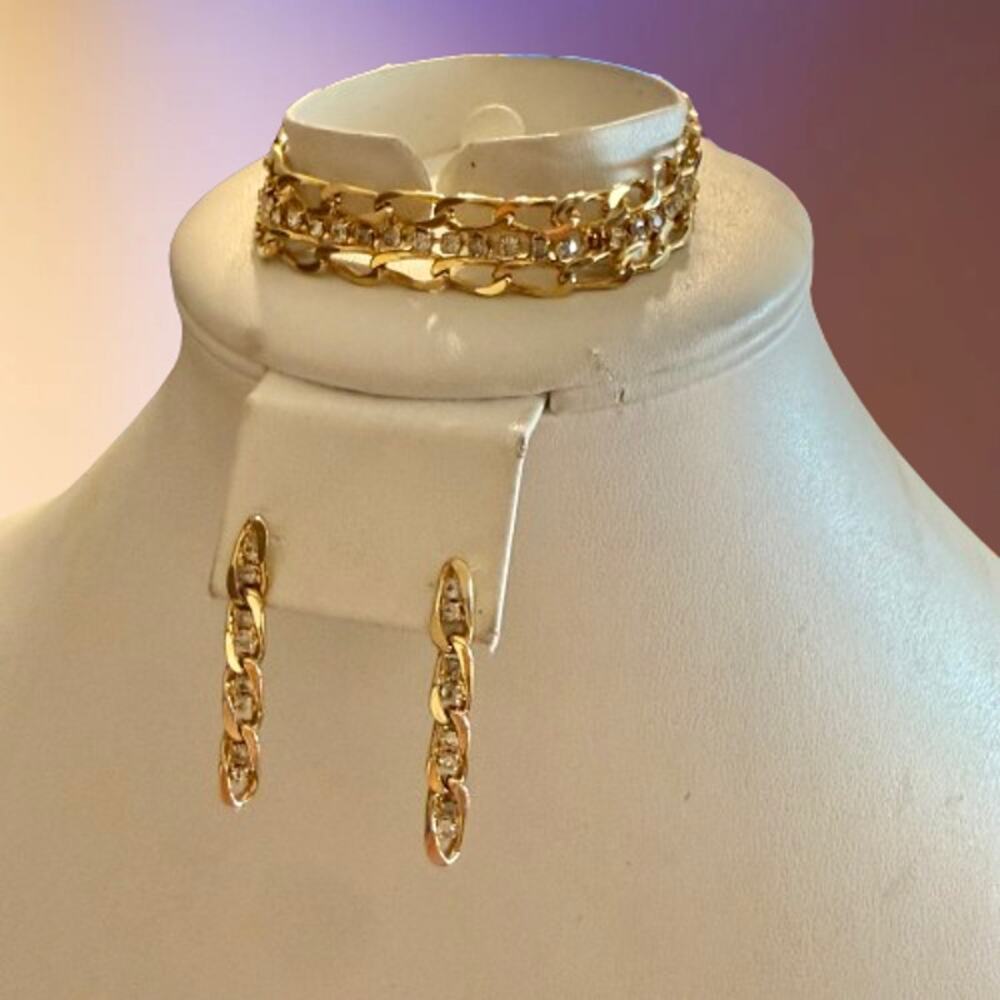 Vintage Gold Tone Chain Rhinestone Bracelet & Earrings